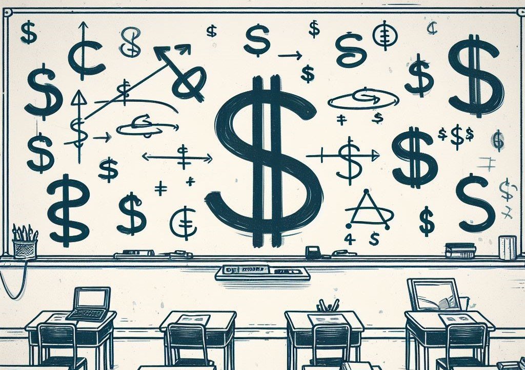 כיתה עם סימני דולרים על הלוח כדי ללמוד קצת חינוך פיננסי
